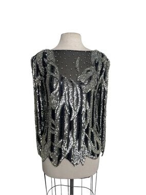 Sho Max Originals Black 1980s Silver Beaded Sequin Blouse GLAM PARTY